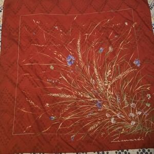 30" square scarf with a floral and wheat graphic and "Leonardi"